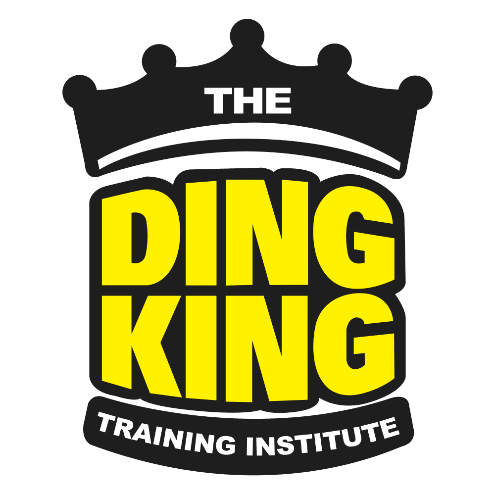 Logo for The Ding King Training Institute featuring the text in bold yellow and black under a black crown icon.