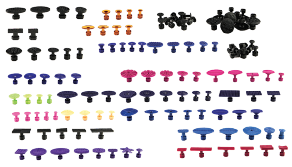 A variety of different colored screws and pins for paintless dent repair tools.