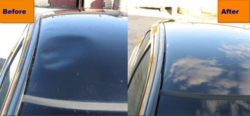 A vehicle undergoes paintless dent removal training to restore its damaged hood.