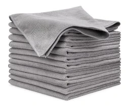 A stack of gray cloths used for auto detailing on a white background.