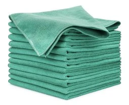 A stack of green microfiber cloths, perfect for auto detailing, on a white background.