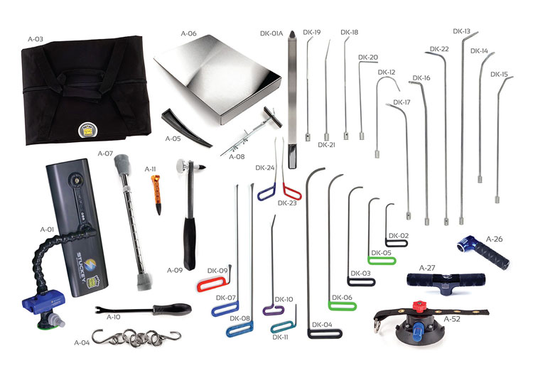 A variety of tools and equipment are shown on a white background for PDR.