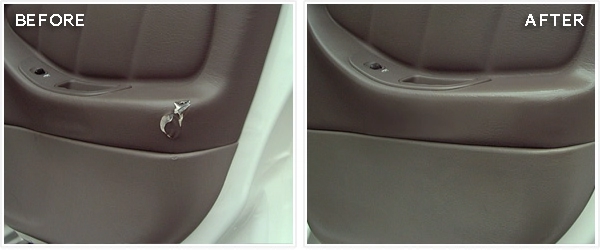 Before and after pictures showcasing interior repair of a car seat.