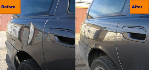 A gallery showcasing the transformative effects of paintless dent removal training on car door repairs through before and after pictures.
