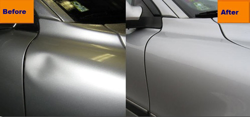 A silver car undergoes a paint job transformation.