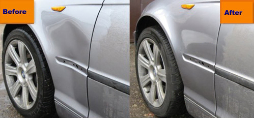 A picture showing the transformation of a car through paintless dent removal.