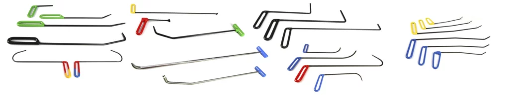 A variety of paintless dent repair tools with various colors and hooks.