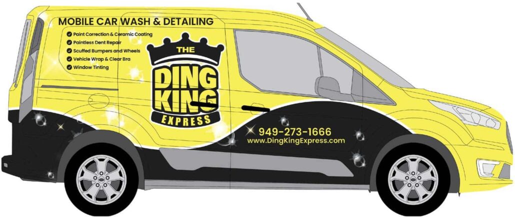A yellow van with the words ding kids services on it.