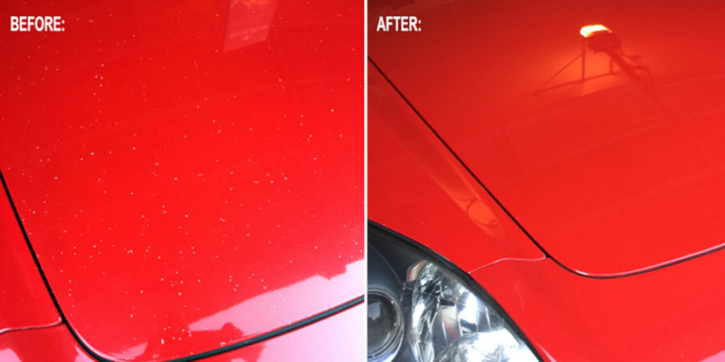 The hood of a red sports car with paint touch-up before and after cleaning.