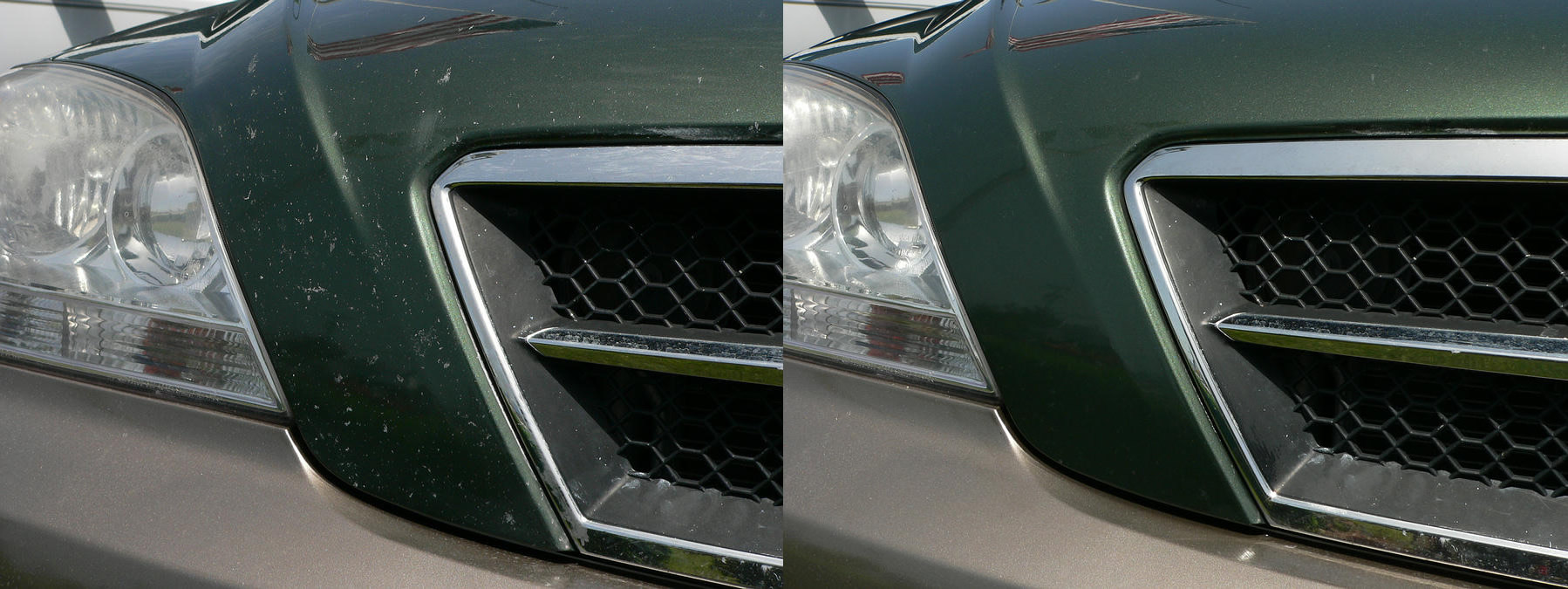 Before and after pictures of a car's front grille showcasing paint touch-up.