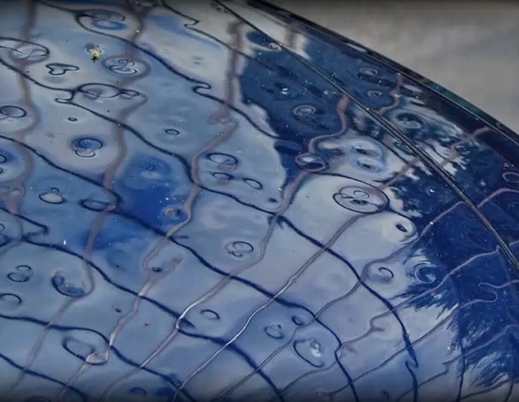 Reflections on a wet blue car hood showing patterns of hail repair, water drops, and tree silhouettes.