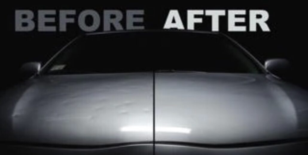 Comparison of a car's hood condition before and after Paintless Dent Removal treatment, showing a significant improvement in cleanliness or removal of surface imperfections on the right side.