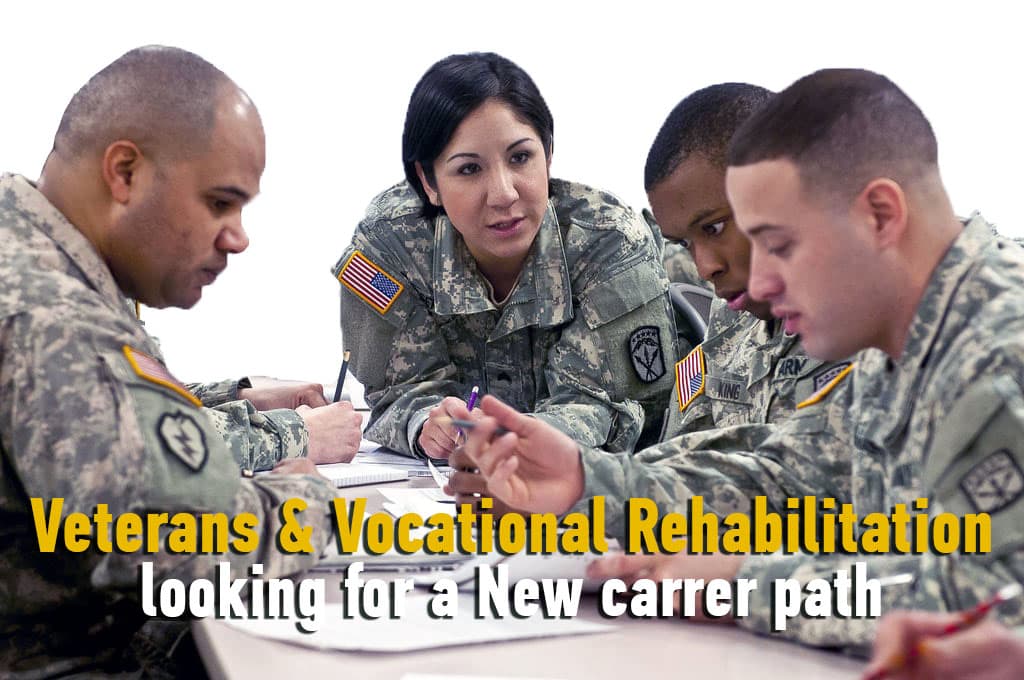 Four uniformed soldiers sit together at a table, engaged in discussion. Text overlay reads, "Veterans exploring Vocational Rehabilitation and looking for a new career path.