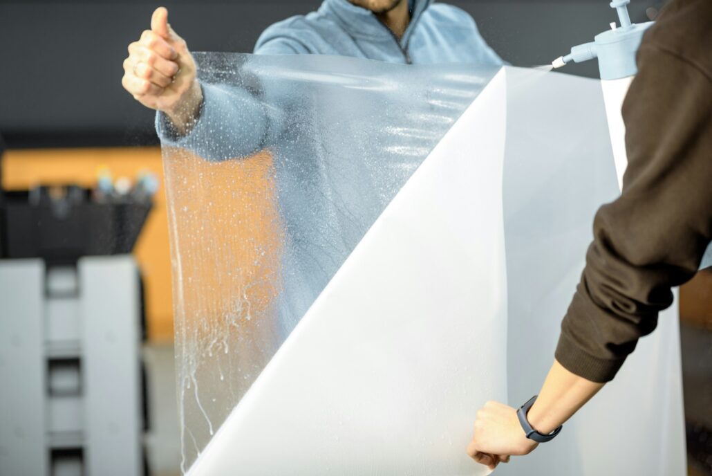 Two individuals hold and inspect a large, translucent sheet of Marine Paint Protection Film in an indoor setting.