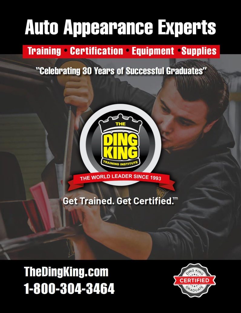 Promotional poster for The Ding King Training Institute featuring auto appearance certification, equipment, and contact details for Paintless Dent Repair training.